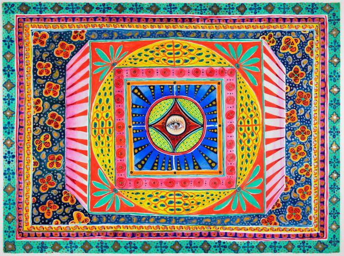 Watercolor painting titled "Eye Of The Odalisque (Odalisque #19)" by Eleanor Van Haitsma, depicting a multi-colored geometric pattern with eye in center; yellow, blue, pink, green.